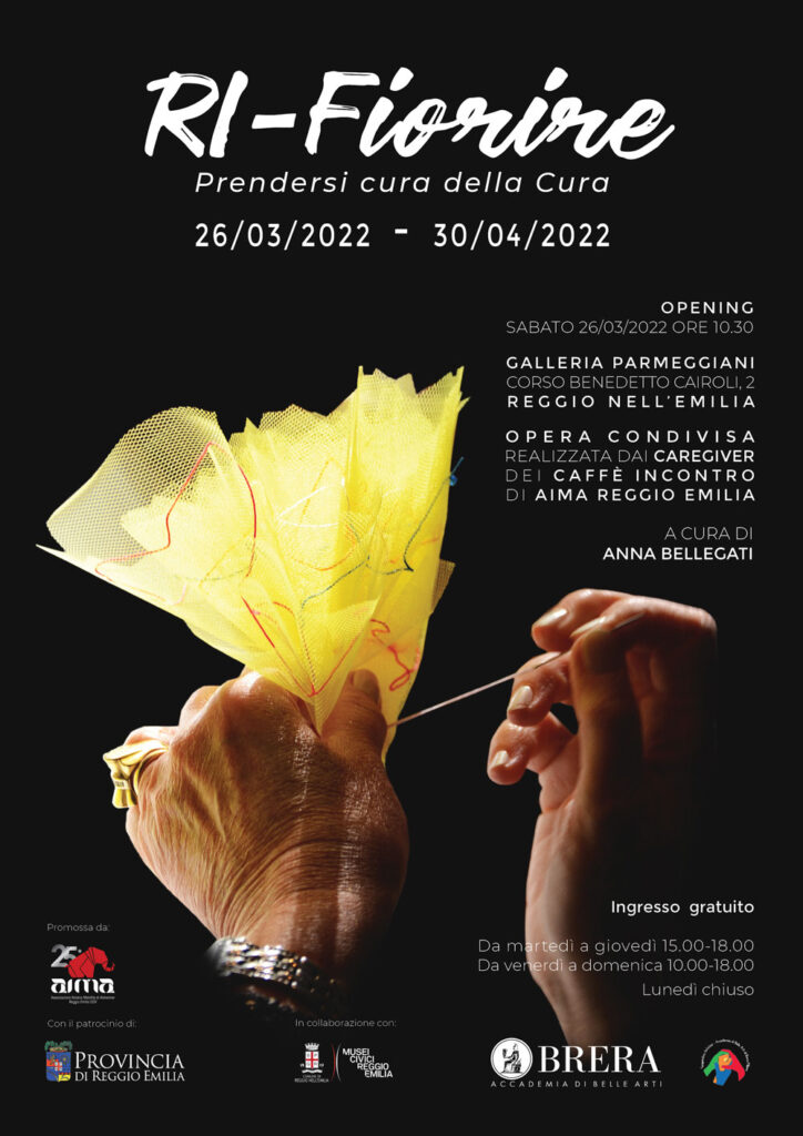Locandina mostra RI-Fiorire di Anna Bellegati promossa da AIMA Reggio Emilia, Galleria Parmeggiani