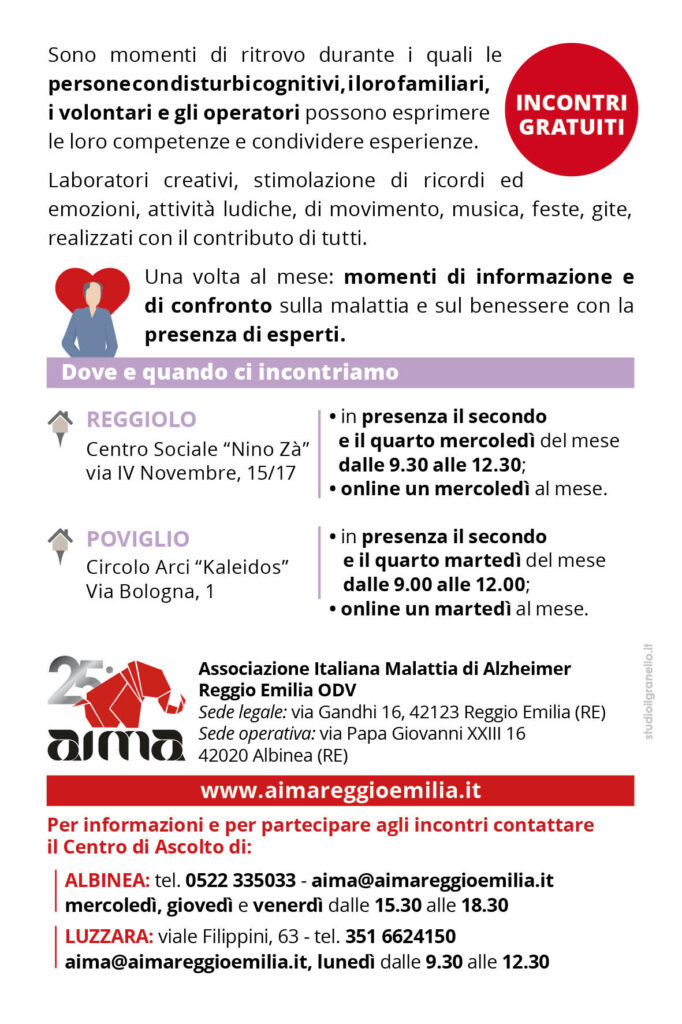Cartolina dei due Caffè Incontro di AIMA Associazione Italiana Malattia di Alzheimer nel Distretto di Guastalla
