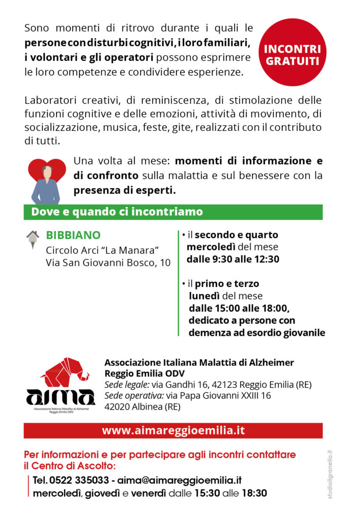 Cartolina del Caffè Incontro di Bibbiano di AIMA Associazione Italiana Malattia di Alzheimer Reggio Emilia