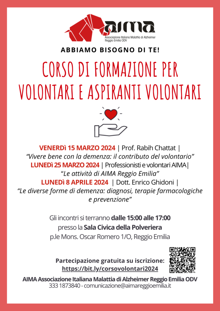 Volantino corso di formazione per volontari e aspiranti volontari AIMA Associazione Malattia di Alzheimer Reggio Emilia ODV