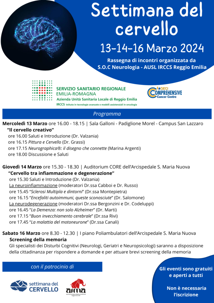 Programma settimana del cervello 2024 a Reggio Emilia, AUSL IRCCS di Reggio Emilia e AIMA Associazione Italiana Malattia di Alzheimer Reggio Emilia
