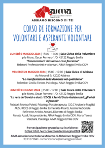 Locandina corso di formazione volontari Associazione Alzheimer - AIMA Reggio Emilia ODV