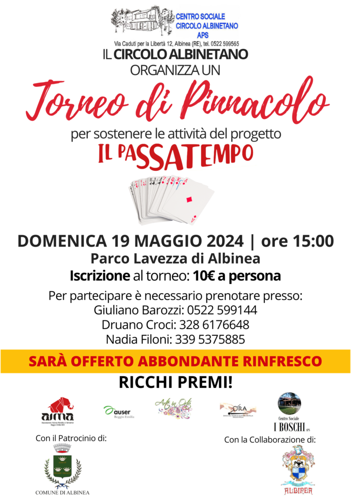 locandina torneo di pinnacolo per il Passatempo ad Albinea Parco Lavezza con AIMA Reggio Emilia domenica 15 maggio 2024